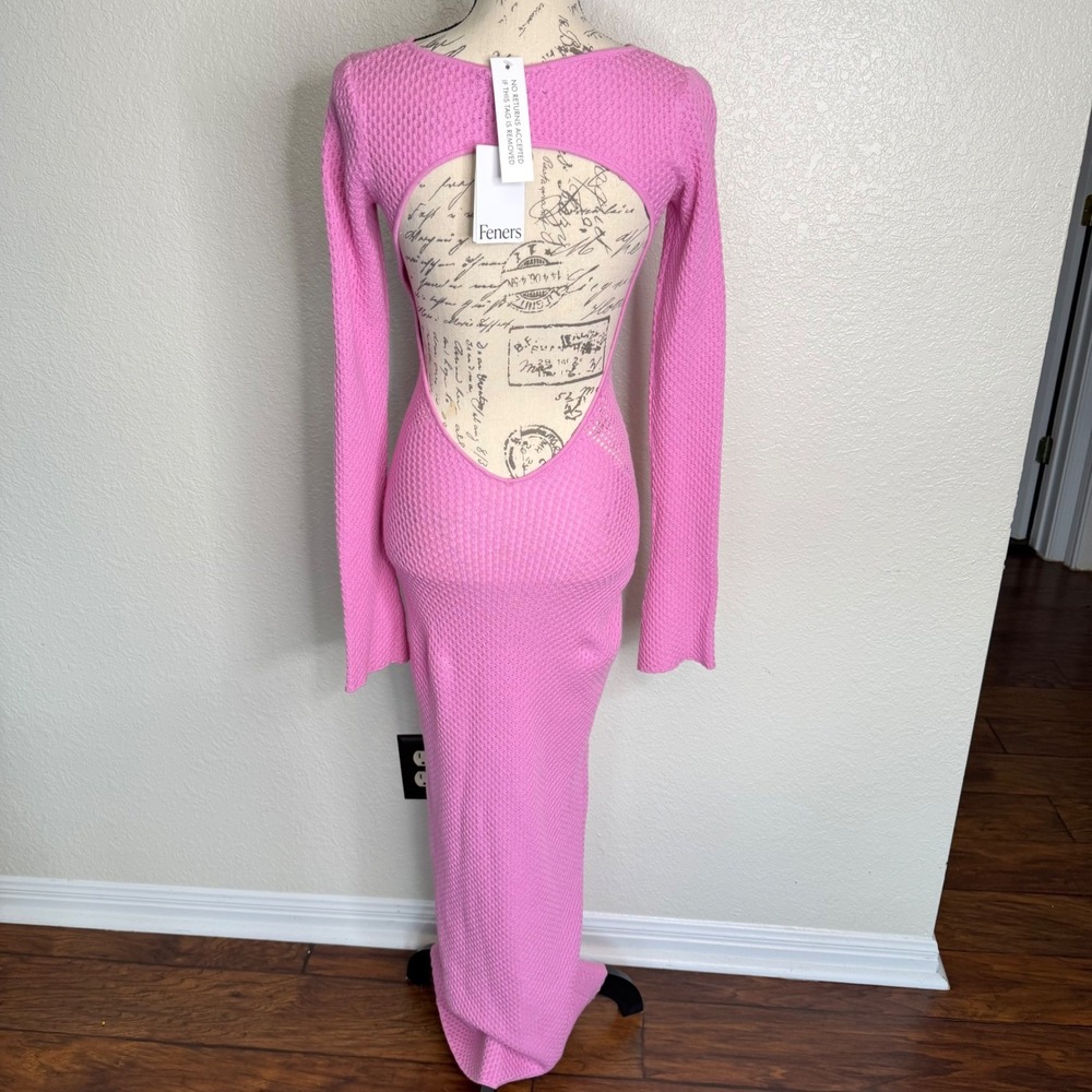 Feners Mitjatarda Pink Waffle Knit Open Back Maxi Dress Long Sleeve Small NWT - Picture 2 of 7